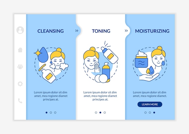 Modèle d'intégration bleu et blanc des étapes de routine de soins de la peau Procédures de beauté Site Web mobile réactif avec icônes de concept linéaire Procédure pas à pas de page Web Écrans en 3 étapes LatoBold Polices régulières utilisées