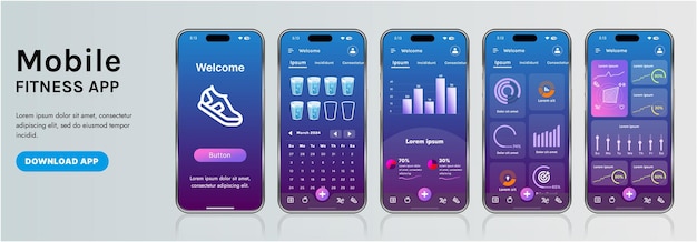 Un modèle d'interface d'application de fitness élégant avec des éléments de conception réactifs comprenant des tableaux de bord, des graphiques et des statistiques Parfait pour suivre les progrès hebdomadaires de la santé et les activités sportives