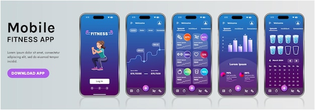 Un modèle d'interface d'application de fitness élégant avec des éléments de conception réactifs comprenant des tableaux de bord, des graphiques et des statistiques Parfait pour suivre les progrès hebdomadaires de la santé et les activités sportives
