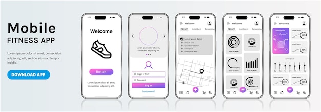 Un modèle d'interface d'application de fitness élégant avec des éléments de conception réactifs comprenant des tableaux de bord, des graphiques et des statistiques Parfait pour suivre les progrès hebdomadaires de la santé et les activités sportives