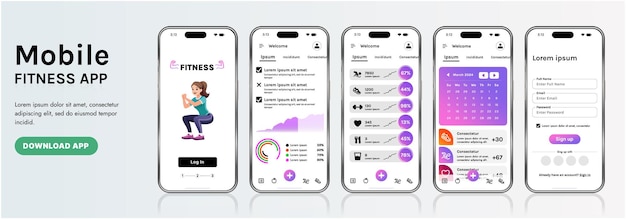 Un modèle d'interface d'application de fitness élégant avec des éléments de conception réactifs comprenant des tableaux de bord, des graphiques et des statistiques Parfait pour suivre les progrès hebdomadaires de la santé et les activités sportives