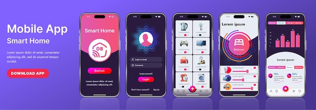 Un modèle d'interface d'application de maison intelligente élégant avec des icônes modernes et une conception en gradient Inclut des menus de navigation pour la gestion des appareils, la surveillance de la sécurité, le contrôle de la température