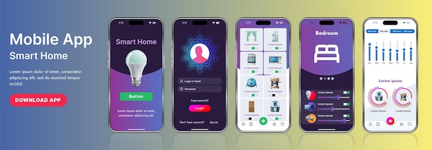 Un modèle d'interface d'application de maison intelligente élégant avec des icônes modernes et une conception en gradient Inclut des menus de navigation pour la gestion des appareils, la surveillance de la sécurité, le contrôle de la température
