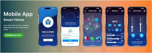Un modèle d'interface d'application de maison intelligente élégant avec des icônes modernes et une conception en gradient Inclut des menus de navigation pour la gestion des appareils, la surveillance de la sécurité, le contrôle de la température
