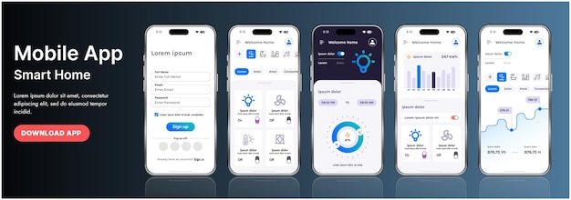 Un modèle d'interface d'application de maison intelligente élégant avec des icônes modernes et une conception en gradient Inclut des menus de navigation pour la gestion des appareils, la surveillance de la sécurité, le contrôle de la température