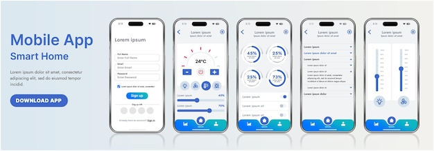 Un modèle d'interface d'application de maison intelligente élégant avec des icônes modernes et une conception en gradient Inclut des menus de navigation pour la gestion des appareils, la surveillance de la sécurité, le contrôle de la température