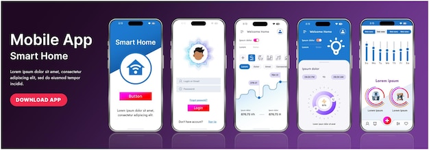 Un modèle d'interface d'application de maison intelligente élégant avec des icônes modernes et une conception en gradient Inclut des menus de navigation pour la gestion des appareils, la surveillance de la sécurité, le contrôle de la température