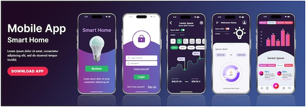 Un modèle d'interface d'application de maison intelligente élégant avec des icônes modernes et une conception en gradient Inclut des menus de navigation pour la gestion des appareils, la surveillance de la sécurité, le contrôle de la température