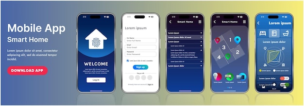 Un modèle d'interface d'application de maison intelligente élégant avec des icônes modernes et une conception en gradient Inclut des menus de navigation pour la gestion des appareils, la surveillance de la sécurité, le contrôle de la température