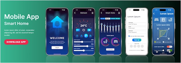 Un modèle d'interface d'application de maison intelligente élégant avec des icônes modernes et une conception en gradient Inclut des menus de navigation pour la gestion des appareils, la surveillance de la sécurité, le contrôle de la température