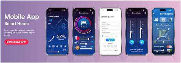 Un modèle d'interface d'application de maison intelligente élégant avec des icônes modernes et une conception en gradient Inclut des menus de navigation pour la gestion des appareils, la surveillance de la sécurité, le contrôle de la température