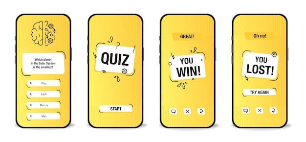 Vecteur le modèle de l'interface de l'application mobile pour le quiz sur les réponses à l'examen sur fond jaune