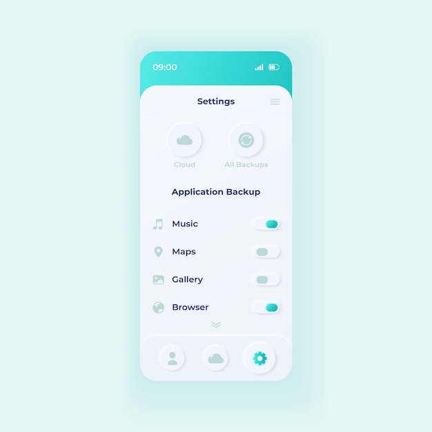 Modèle d'interface de smartphone de paramètres d'application de sauvegarde. Disposition de conception légère de page d'application mobile. Écran de copie des paramètres. UI pour l'application. Options de téléchargement du serveur sur l'écran du téléphone.