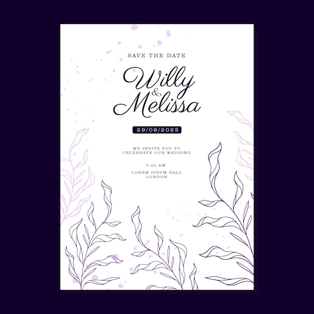 MODÈLE D'INVITAION DE MARIAGE FLORAL VIOLET SIMPLE DESSINÉ À LA MAIN