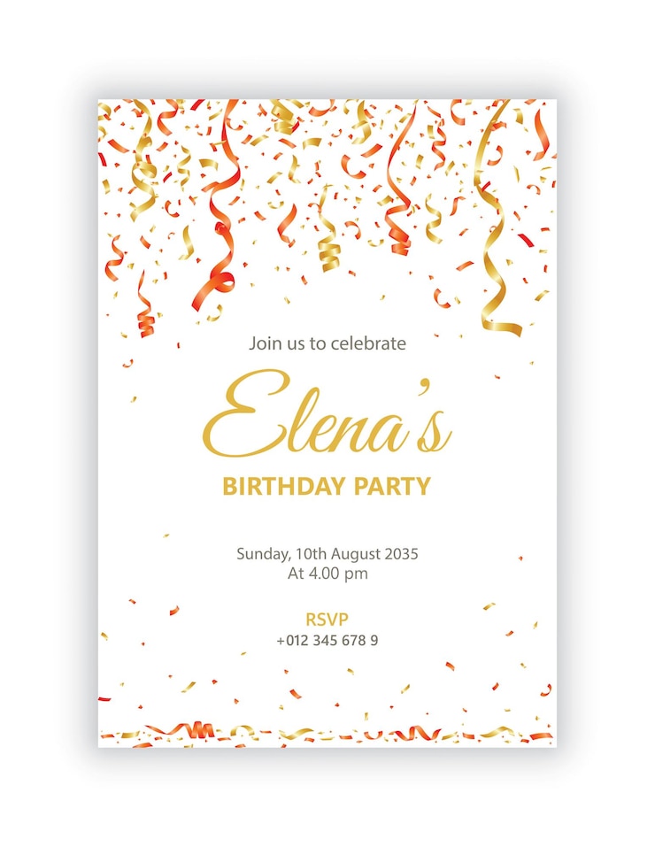 Vecteur modèle d'invitation d'anniversaire avec confetti rouge et doré