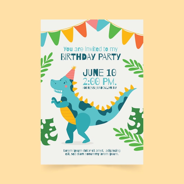 Vecteur modèle d'invitation d'anniversaire de dinosaure