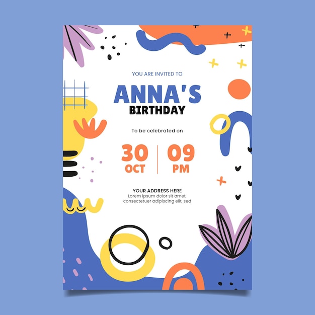 Modèle d'invitation d'anniversaire de formes abstraites dessinées à la main