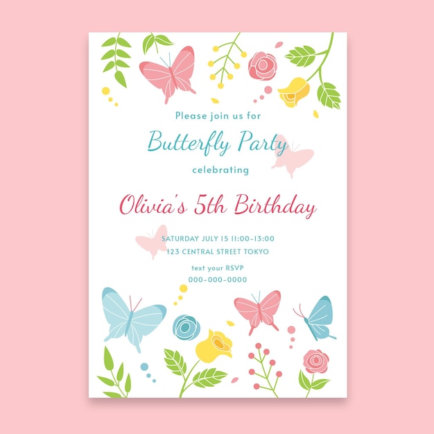 Modèle d'invitation d'anniversaire papillon plat