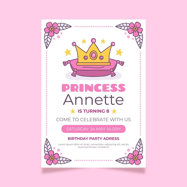 Vecteur modèle d'invitation d'anniversaire princesse dessiné à la main