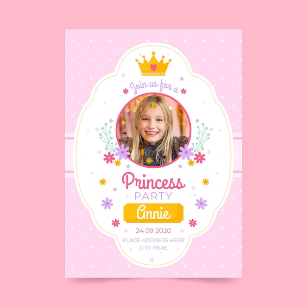 Vecteur modèle d'invitation d'anniversaire princesse plate avec photo