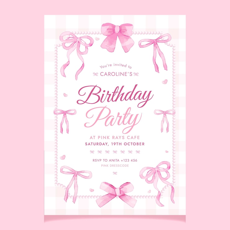 Vecteur modèle d'invitation à l'aquarelle avec un nœud à ruban rose