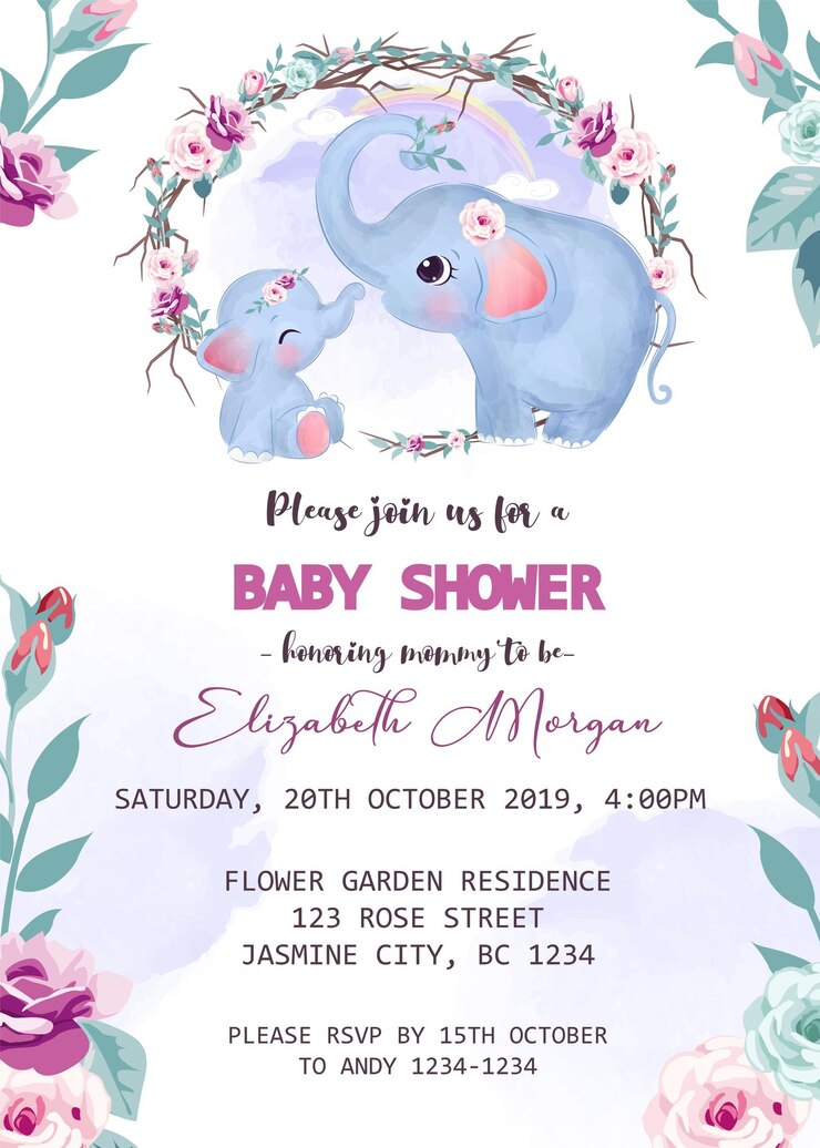 Vecteur modèle d'invitation de douche de bébé avec éléphant