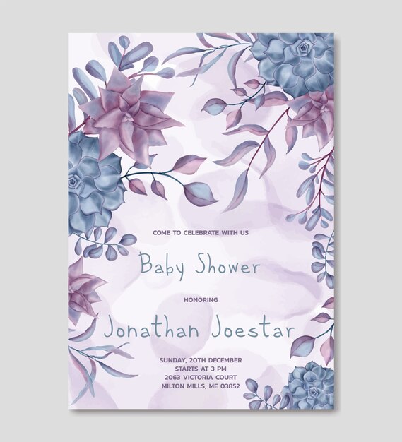 Modèle d'invitation de douche de bébé avec fond floral aquarelle