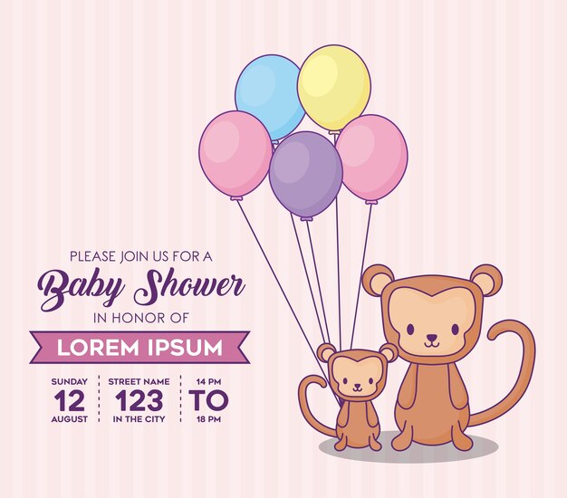 Vecteur modèle d'invitation de douche de bébé avec des singes mignons avec des ballons colorés sur fond rose, vector