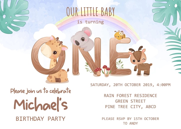 Modèle d'invitation à une fête d'anniversaire avec des animaux sauvages