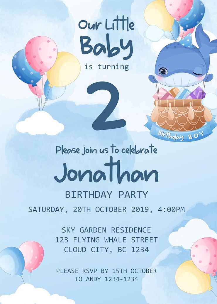 Vecteur modèle d'invitation à une fête d'anniversaire avec une baleine volante