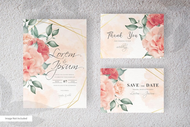 Vecteur modèle d'invitation de mariage aquarelle avec arrangement de fleurs et de feuilles