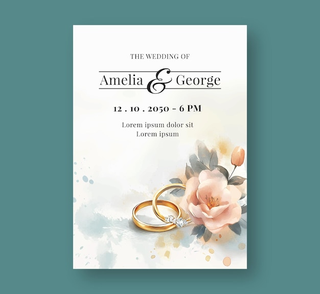 Modèle d'invitation de mariage à l'aquarelle avec des fleurs et des bagues de mariage