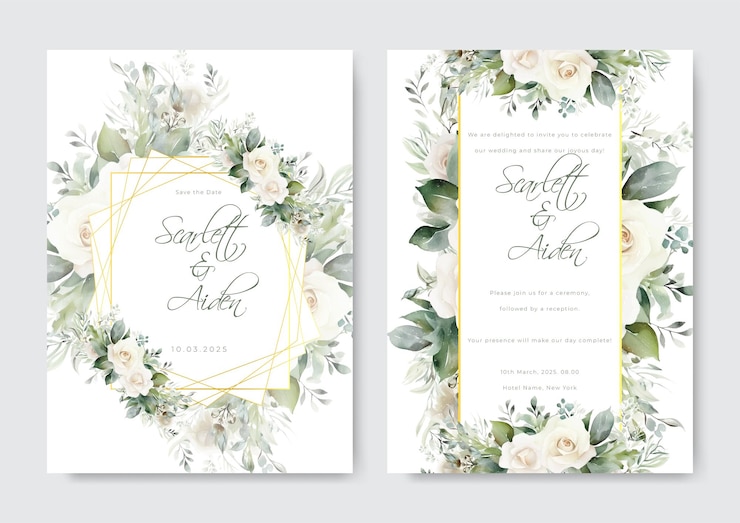 Vecteur modèle d'invitation de mariage aquarelle serti de décoration florale et de feuilles