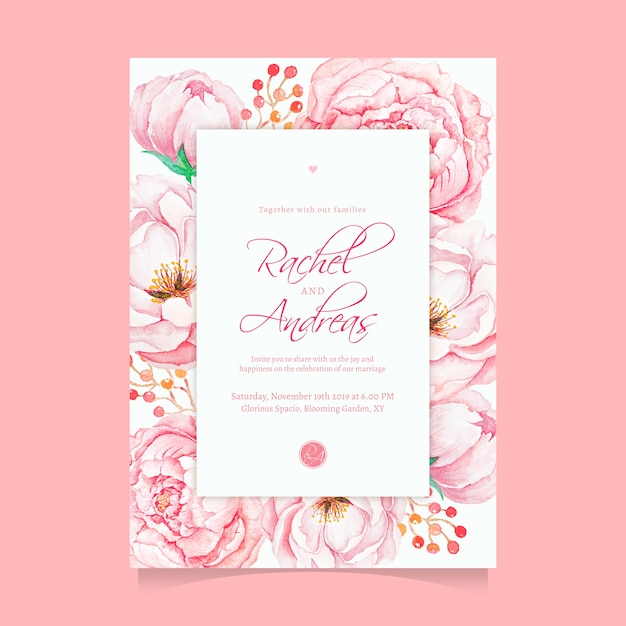 Vecteur modèle d'invitation de mariage belle fleur rose aquarelle