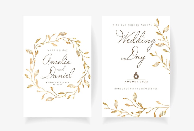 Vecteur modèle d'invitation de mariage avec de belles feuilles d'or