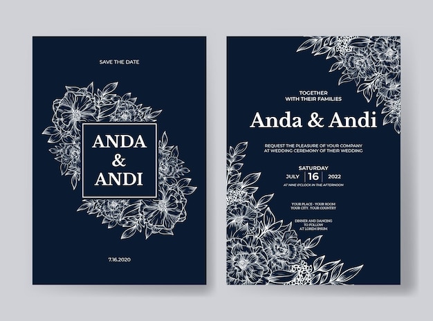Modèle d'invitation de mariage avec décoration de fleur rose contour