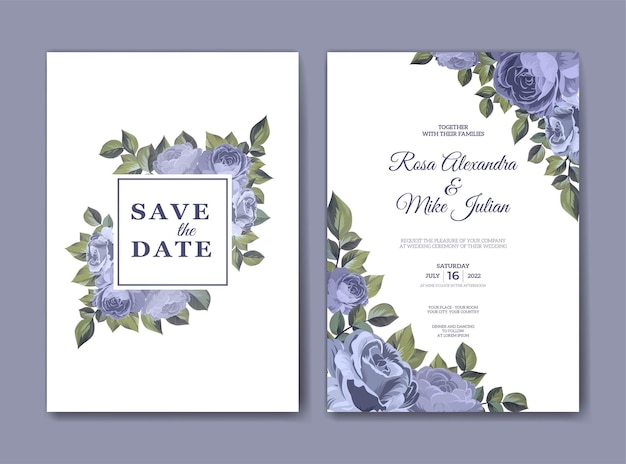 Modèle D'invitation De Mariage Avec Décoration De Fleurs Bleues