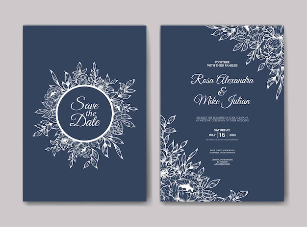 modèle d'invitation de mariage avec décoration florale de contour dessiné à la main