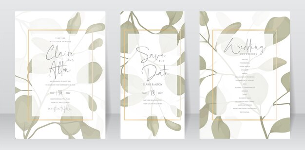 Modèle d'invitation de mariage avec un design de feuille verte