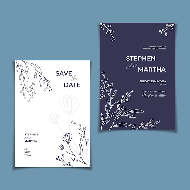 Modèle d'invitation de mariage dessiné à la main feuilles décoratives de bordure florale simple