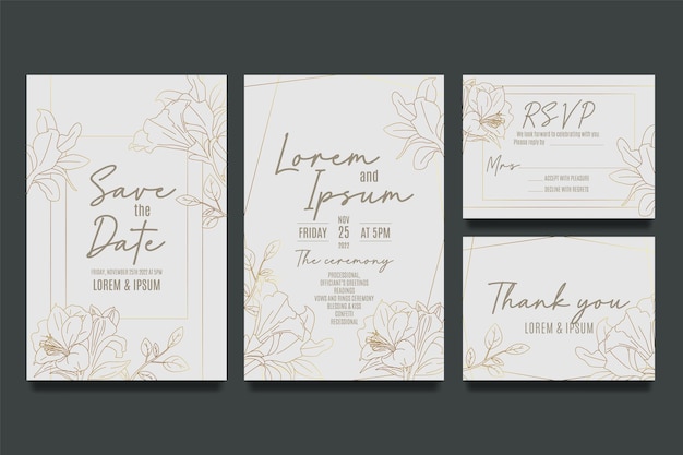 Modèle d'invitation de mariage dessiné à la main avec des fleurs et des feuilles