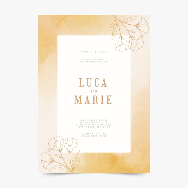 Modèle d'invitation de mariage doré aquarelle peint à la main