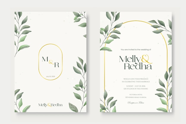 Modèle d'invitation de mariage double face avec une belle fleur et des feuilles à l'aquarelle