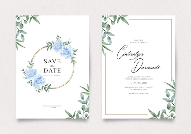 Modèle D'invitation De Mariage Double Face Avec Des Roses Et Des Feuilles Bleues