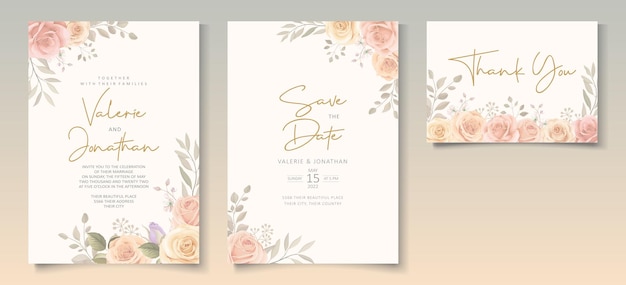 Modèle D'invitation De Mariage élégant Avec Une Fleur De Roses En Fleurs De Couleur Douce