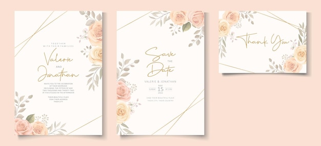 Modèle D'invitation De Mariage élégant Avec Une Fleur De Roses En Fleurs De Couleur Douce