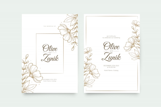 Modèle d'invitation de mariage élégant avec des fleurs et des feuilles dessinées à la main