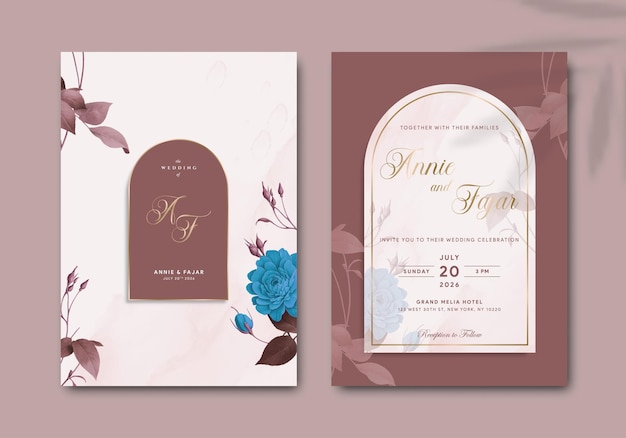 modèle d'invitation de mariage élégant avec illustration aquarelle vecteur premium