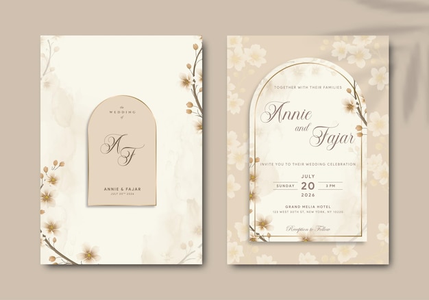 modèle d'invitation de mariage élégant avec illustration aquarelle vecteur premium