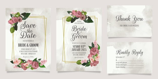 Modèle D'invitation De Mariage élégant Serti De Fleurs Aquarelles Et Cadre Doré